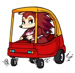 2022 animal_crossing anthro apron apron_only brown_body clothing colored cozy_coupe digital_drawing_(artwork) digital_media_(artwork) driving eulipotyphlan female guywiththepie hedgehog hi_res humor lesmallow looking_at_viewer mammal mostly_nude nintendo sable_able simple_background solo third-party_edit toy_car white_background