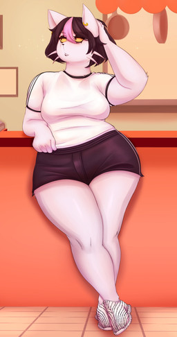 anthro black_bottomwear black_clothing black_eyes black_hair black_nose black_shorts bottomwear breasts clothed clothing curvy_figure ear_piercing female footwear front_view fur hair highlights_(coloring) inside looking_aside medium_breasts piercing pink_highlights shirt short_hair shorts solo standing thick_thighs topwear voluptuous whiskers white_body white_clothing white_fur white_shirt white_topwear wide_hips yellow_sclera huwon deltarune undertale_(series) catti_cattenheimer felid feline mammal absurd_res hi_res