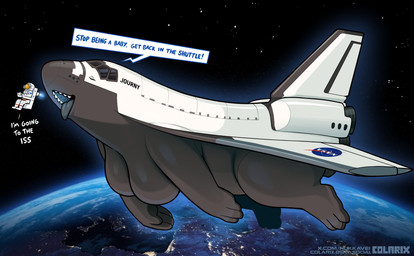 ambiguous_gender astronaut black_body breasts clothed clothing dialogue duo featureless_breasts imminent_vore machine multicolored_body planet size_difference smaller_ambiguous smaller_human space space_shuttle spacecraft spacesuit speech_bubble text tongue tongue_out vehicle white_body white_clothing colarix journy_(colarix) animate_inanimate human living_machine living_spacecraft living_vehicle mammal hi_res