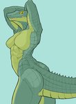 abs anthro athena_(f_draws) back_muscles big_butt breasts butt crocodile crocodilian crocodylid f_draws featureless_breasts female green_body green_scales hands_behind_head hi_res looking_at_viewer muscular muscular_anthro muscular_female non-mammal_breasts pupils reptile scales scalie sharp_teeth slit_pupils solo tail teeth thick_tail yellow_sclera