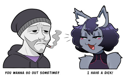 ambiguous_gender anthro beanie beard blush cigarette clothing duo eyelashes facial_hair fur glistening_eyelids grey_body grey_fur hair half-closed_eyes hat headgear headwear hoodie inner_ear_fluff male narrowed_eyes open_mouth open_smile short_hair simple_background smile smoking smoking_cigarette text topwear tuft white_background unknown_artist doomer_(meme) noonnoon domestic_cat felid feline felis human mammal digital_drawing_(artwork) digital_media_(artwork) english_text hi_res meme male_(lore)