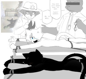 blush bodily_fluids butt clothing cross-popping_vein dialogue doctor eyewear femboy femboy/femboy furniture glasses group larger_male male male/male nude operating_table overweight park_ranger restrained restrained_arms restrained_legs restraints shirt size_difference slim_male small_waist speech_bubble strapped_to_a_table sweat table tail topwear veterinarian white_clothing white_shirt white_topwear yelling yelling_at_another dullanboi kiran_mann_(dullanboi) ming_yue_chen_(dullanboi) bear canid canine felid feline fox humanoid mammal reference_image