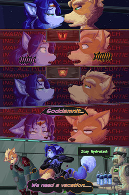 5_fingers after_sex alarm annoyed anthro anthro_on_anthro black_nose blue_body blue_fur blue_hair bodysuit bottle breasts canon_couple clothing container dialogue distracted distracted_sex dressing duo_focus fangs female fingers fur group hair humanoid_hands husband_and_wife imminent_kiss interrupted interrupted_kiss interrupted_sex intraspecies jacket machine male male/female married_couple nude nude_to_clothed orange_body orange_fur page_number romantic romantic_couple skinsuit space spacecraft tail teeth text tight_clothing tongue topwear trio vehicle water_bottle white_body white_fur gomerz22 nintendo star_fox fox_mccloud krystal_(star_fox) rob_64 canid canine fox mammal robot comic digital_media_(artwork) english_text hi_res pixel_(artwork)