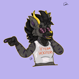 anthro clothing ear_piercing ear_ring eyebrow_piercing eyewear facial_piercing gesture hair hand_gesture hand_on_head hooters_uniform horn long_hair male paws piercing pointing ring_piercing shirt solo stripes sunglasses tank_top text topwear voidbeerfloat hooters hyena mammal striped_hyena 1:1 absurd_res digital_media_(artwork) half-length_portrait hi_res pixel_(artwork) portrait