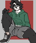 anthro black_body black_fur black_hair bottomwear bulge claws clothing eyewear femboy footwear fur glare glasses green_clothing green_eyes grey_clothing hair hoodie male shoes shorts solo topwear white_body white_fur zerkain caelum_(caeliwu) bear giant_panda mammal hi_res