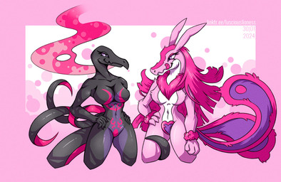 anthro black_body black_skin duo female female/female fur hair licking licking_lips neck_tuft palmorph pheromones pink_body pink_fur pokemorph tongue tongue_out tuft lusciouslioness nintendo palworld pocketpair pokemon generation_7_pokemon lovander pal_(species) pokemon_(species) salazzle 2024