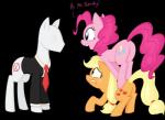 blonde_hair blue_eyes clothing cutie_mark female feral freckles fur group hair mannequin necktie orange_body orange_fur pink_body pink_fur pink_hair simple_background smile text transparent_background spier17 friendship_is_magic hasbro my_little_pony applejack_(mlp) pinkie_pie_(mlp) slender_man earth_pony equid equine horse mammal pony 2014 absurd_res alpha_channel english_text hi_res