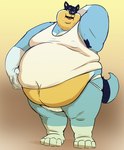 2023 anthro armpit_hair australian_cattle_dog bandit_heeler barefoot belly big_belly bluey_(series) body_hair canid canine canis cattledog clothed clothing domestic_dog eyebrows feet fur herding_dog jockstrap looking_at_viewer love_handles male mammal moobs navel obese obese_anthro obese_male open_mouth open_smile overweight overweight_anthro overweight_male pastoral_dog shirt simple_background smile solo standing tan_background tank_top tcw thick_thighs tongue topwear tuft underwear