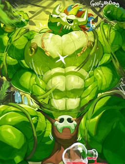 2_horns 6_fingers anthro areola barazoku big_muscles big_pecs bodily_fluids bone bone_mask bottomwear bound bracelet brown_bottomwear brown_clothing brown_loincloth claws clothed clothing countershade_torso countershading finger_claws fingers green_body green_scales growth head_horn horn huge_muscles huge_pecs hyper hyper_muscles jewelry loincloth loincloth_only looking_at_another male mask motion_lines muscle_growth muscular muscular_male necklace nervous nervous_sweat nipple_piercing nipple_ring nipples non-mammal_nipples pecs piercing plant potion_bottle ring_piercing scales skull skull_mask solo sweat text topless vein veiny_muscles vines yellow_eyes yellow_jewelry yellow_necklace yellow_piercing goofyahdragons terraria witch_doctor_(terraria) lihzahrd 2025 artist_name digital_drawing_(artwork) digital_media_(artwork) hi_res portrait three-quarter_portrait