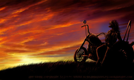 anthro bottomwear clothed clothing cloud detailed_background female fully_clothed grass hair hands_on_hips jacket motorcycle outside pants plant shirt sky solo sunset t-shirt text topwear vehicle wolfroad canid canine mammal 2010 digital_media_(artwork) hi_res url