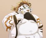 anthro balls belly blue_eyes clothing eyewear flaccid fur genitals glasses humanoid_hands male moobs navel nipples overweight overweight_anthro overweight_male penis shirt simple_background solo topwear white_body white_fur dasoowolf lifewonders tokyo_afterschool_summoners licho_(tas) felid mammal pantherine siberian_tiger tiger 2019 absurd_res hi_res