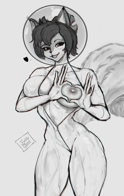 anthro areola athletic athletic_anthro athletic_female big_breasts blush blush_lines breasts bubble_helmet clothed clothed_anthro clothed_female clothing fangs female female_anthro gesture hair heart_gesture jumpsuit looking_at_viewer nipples one_breast_out open_mouth open_smile oppai_heart partially_clothed partially_clothed_anthro partially_clothed_female smile smiling_at_viewer solo tail teeth thick_thighs tight_clothing tongue tongue_out unzipped zipper fattychaos nickelodeon spongebob_squarepants sandy_cheeks mammal rodent sciurid 2026 absurd_res digital_drawing_(artwork) digital_media_(artwork) greyscale hi_res monochrome signature
