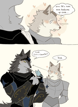 anthro armor black_body black_fur blush blush_lines clothed clothing dialogue duo facial_scar fluffy fluffy_tail fur grey_body grey_fur heart_symbol kemono knight knight_armor looking_at_another male male/male medieval_armor military multicolored_body multicolored_fur no_pupils pointy_ears scar simple_background soldier speech_bubble tail text thought_bubble two_tone_body two_tone_fur warrior white_body white_fur pegu2726 arthropod butterfly canid canine canis insect lepidopteran mammal wolf 2026 absurd_res comic english_text hi_res