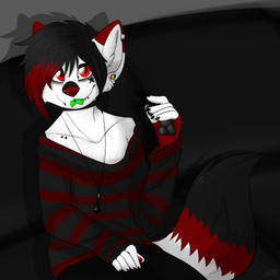 5_fingers alternative_fashion anthro black_body black_fur black_hair blep bottomwear choker claws clothed clothing collar cross cute_fangs ear_piercing emo facial_piercing fangs fingerpads fingers fur fur_markings green_tongue hair jewelry lip_piercing looking_at_viewer male markings multicolored_body multicolored_fur multicolored_hair necklace nose_piercing pants pawpads piercing red_body red_eyes red_fur red_hair red_nose scene_haircut simple_background snout solo star teeth tongue tongue_out tongue_piercing tongue_stud topwear two_tone_hair white_body white_fur arulouprouge canid canine mammal 1:1 absurd_res hi_res watermark