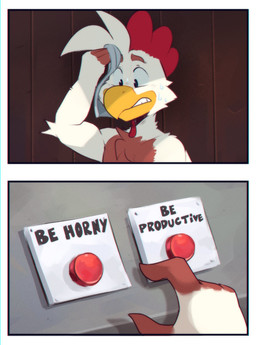 2_panel_comic 4_fingers anthro beak black_text bodily_fluids brown_eyebrows eyebrows feathers fingers humor male male_anthro nude nude_anthro nude_male pie_cut_eyes pushbutton red_button red_pushbutton solo sweat sweatdrop sweaty_face teeth text toothed_beak yellow_beak tygerussy daily_struggle avian bird chicken galliform phasianid 2024 archived_source comic digital_media_(artwork) english_text hi_res meme shaded