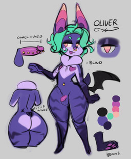 anthro blind butt disability facial_piercing fur genital_piercing genitals green_hair hair male navel navel_piercing nose_piercing nose_ring penis penis_piercing piercing purple_body purple_fur ring_piercing solo text stylusknight oliver_(stylusknight) bat mammal english_text flat_colors hi_res model_sheet