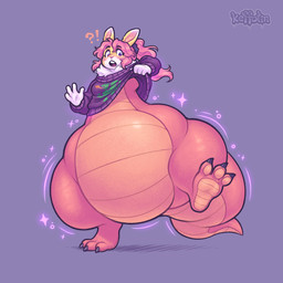 3_toes anthro belly big_belly blush bottom_heavy breasts clothing feet female hair huge_belly interrobang linear_transformation magic mid_transformation on_one_leg open_mouth pear-shaped_figure pink_hair ponytail purple_clothing purple_sweater purple_topwear red_sclera simple_background solo species_transformation standing surprised sweater tail tapering_tail thick_tail thick_thighs toes topwear transformation wide_crotch wide_hips keffotin mythology soleil_(keffotin) dragon lagomorph leporid mammal mythological_creature mythological_scalie rabbit scalie 1:1 2024 digital_media_(artwork) hi_res trans_(lore) trans_woman_(lore)