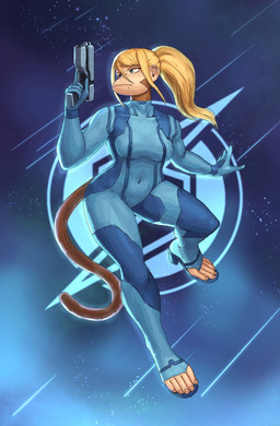 alternate_species anthro blonde_hair breasts female furrification gun hair ponytail ranged_weapon solo toeless_legwear weapon zero_suit redustheriotact metroid nintendo samus_aran haplorhine mammal monkey primate 2022 hi_res