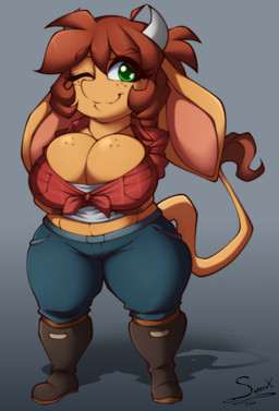 abstract_background anthro big_breasts boots bottomwear breast_squish breasts brown_hair chibi cleavage clothed clothing denim denim_bottomwear denim_clothing eyelashes female floppy_ears footwear freckled_breasts freckles fur green_eyes hair horn huge_breasts jeans long_hair long_tail looking_at_viewer midriff one_eye_closed pants pattern_clothing pattern_shirt pattern_topwear plaid plaid_clothing plaid_shirt plaid_topwear shirt shoes simple_background smile solo squish tail tan_body tan_fur text thick_thighs tied_shirt topwear wide_hips wink winking_at_viewer superix las_lindas mora_linda bovid bovine cattle mammal 2019 absurd_res artist_name digital_media_(artwork) hi_res signature