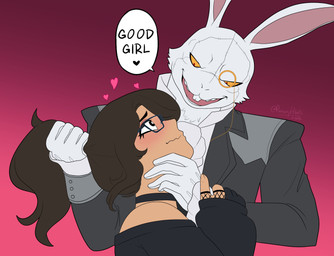 anthro ascot black_clothing blush brown_hair buckteeth choker clothing collared_shirt cravat dialogue dress_shirt duo eyewear female female_human fingerless_gloves fishnet_clothing fishnet_gloves fishnet_handwear formal_gloves fur glasses gloves gradient_background grey_clothing hair handwear heart_symbol holding_chin holding_hair holding_neck interspecies jewelry looking_down looking_up male male/female male_anthro monocle neck_tuft necklace open_mouth pink_background pulling_hair red_eyes scar shirt simple_background speech_bubble suit_jacket surgical_scar teeth text topwear touching_hair tuft wavy_mouth white_body white_clothing white_fur white_gloves white_handwear yellow_sclera paeonypetals capcom devil_may_cry devil_may_cry_(netflix) lizielewddle_(character) white_rabbit_(dmc) demon human lagomorph leporid mammal rabbit absurd_res digital_media_(artwork) english_text hi_res