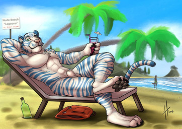abs anthro beach beverage black_claws black_pawpads blue_stripes claws closed_smile duo finger_claws fur genitals green_eyes hand_behind_head holding_beverage holding_object looking_at_viewer male male_anthro markings mouth_closed muscular muscular_anthro muscular_male narrowed_eyes nude palm_tree pawpads pecs penis penis_tip plant public public_nudity reclining smile solo_focus striped_arms striped_legs striped_markings striped_tail stripes tail tail_markings toe_claws tree water whiskers white_body white_fur hufnaar background_character marvol_(marvol) felid mammal pantherine tiger 2019 dated
