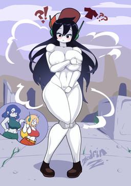 areola big_breasts biped blonde_hair blue_hair blush bottomwear breasts clothed clothing covering covering_breasts covering_crotch covering_self eyelashes female green_clothing group hair hat headgear headwear machine mostly_nude outside pupils red_clothing topwear trio white_body wide_hips zedrin humanoid robot robot_humanoid hi_res