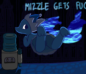biped blue_body blue_bottomwear blue_clothing blue_hat blue_headwear blue_skirt bottomwear clothed clothing dress feet female fool's_hat foot_focus genitals harsh_lighting hat headgear headwear innie_vulva looking_back skirt solo text upskirt vulva water water_cooler fogspot deltarune undertale_(series) darkner elemental_creature mizzle_(deltarune) water_creature watercooler_(deltarune) aliasing digital_media_(artwork) english_text shaded