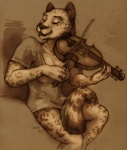 bow_(stringed_instrument) bowed_string_instrument clothing eyes_closed female holding_object music musical_instrument performance playing_music playing_violin shirt solo string_instrument tail topwear violin whiskers harag shaksaag felid jaguar mammal pantherine monochrome sepia