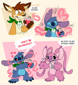 4_fingers 4_toes antennae_(anatomy) antennae_markings anthro biped black_nose blue_body blue_claws blue_fur blue_nose bodily_fluids brown_hair chest_markings claws dialogue dipstick_ears dog_tags dog_tags_only duo ear_markings eyebrows eyelashes featureless_crotch feet female finger_claws fingers fur green_kerchief green_neckerchief hair head_tuft heart-shaped_bottle heart-shaped_pupils heart_symbol instant_transformation kerchief kerchief_only long_antennae looking_at_another love_potion male markings mostly_nude multicolored_ears neckerchief neckerchief_only neckwear notched_ear open_mouth open_smile pawpads pink_body pink_fur pink_tongue potion pupils purple_claws purple_markings purple_nose purple_pawpads purple_tongue raised_inner_eyebrows short_tail simple_background smile species_transformation speech_bubble standing sweat sweatdrop tail text tf_into_fictional_character toes tongue transformation tuft white_markings white_pupils joltink disney lilo_and_stitch angel_(lilo_and_stitch) stitch_(lilo_and_stitch) alien experiment_(lilo_and_stitch) kangaroo macropod mammal marsupial 2025 artist_name constructed_language digital_drawing_(artwork) digital_media_(artwork) english_description english_text fictional_language flat_colors hi_res tantalog_text
