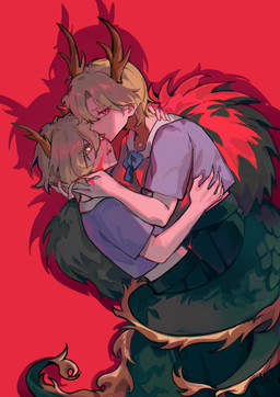 blonde_hair blue_clothing blue_shirt blue_topwear bottomwear clothing colored_nails duo female female/female fingernails green_bottomwear green_clothing green_skirt hair horn long_fingernails long_tail nails pleated_skirt red_background red_eyes red_fingernails red_nails selfcest shirt simple_background skirt square_crossover tail tail_around_partner tail_coil tongue tongue_out topwear yellow_eyes yellow_horn ne2op mythology touhou yachie_kicchou animal_humanoid dragon dragon_humanoid eastern_dragon eastern_dragon_humanoid humanoid mythological_creature mythological_scalie scalie absurd_res hi_res