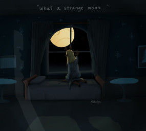 anthro bed clothed clothing door female fully_clothed furniture hooves horn inside light looking_away moon moonlight on_bed open_door robe shadow solo star text window mmmardigan deltarune undertale_(series) noelle_holiday deer mammal new_world_deer absurd_res english_text hi_res signature