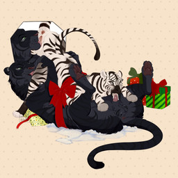 anus balls bdsm black_body black_fur bodily_fluids bondage bound box butt container cum cum_in_mouth cum_inside cunnilingus duo fellatio female feral fur genital_fluids genitals gift gift_box green_eyes grey_eyes holidays male male/female nude oral oral_penetration penetration penile rear_view ribbon_bondage ribbons sex snow striped_body striped_fur stripes tail vaginal vulva white_body white_fur ricky_plush new_year anore_(yanore) budd_(theblack_tigerbudd) felid mammal pantherine tiger 1:1 absurd_res hi_res