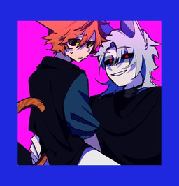 alternate_species bangs blue_border bodily_fluids border cloak clothing duo eyebrows facial_markings green_eyes grey_hair grin hair half-closed_eyes hand_on_hip head_markings long_hair looking_at_viewer male male/male markings mask_(marking) narrowed_eyes on_lap orange_hair pink_background poncho red_eyes shirt short_hair simple_background size_difference smile sweat sweatdrop tail topwear clichewwan dreamworks puss_in_boots_(franchise) death_(puss_in_boots) puss_in_boots_(dreamworks) animal_humanoid canid canid_humanoid canine canine_humanoid cat_humanoid felid felid_humanoid feline feline_humanoid humanoid mammal mammal_humanoid wolf_humanoid