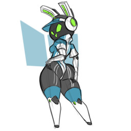 anthro big_butt black_body blue_clothing blue_leotard breasts butt clothing featureless_feet feet female green_eyes hat headgear headwear leotard looking_at_viewer looking_back looking_back_at_viewer machine rear_view simple_background small_breasts solo thick_thighs visor_cap white_background white_clothing white_leotard wide_hips hook_shade project_turboblast tempo_(project_turboblast) animal_humanoid humanoid lagomorph leporid mammal rabbit robot robot_anthro 1:1 absurd_res hi_res