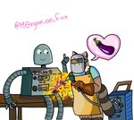 anthro apron biped brown_body clothing duo eggplant food fruit heart_symbol machine plant shirt sitting topwear clown_horse robot_dreams rascal_(robot_dreams) robot_(robot_dreams) mammal procyonid raccoon robot 2024 hi_res