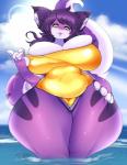 anthro big_breasts breasts clothed clothing curvy_figure female fur hair hand_on_hip huge_breasts looking_at_viewer one-piece_swimsuit outside purple_body purple_fur purple_hair slightly_chubby solo standing swimwear text thick_thighs voluptuous water wide_hips yellow_eyes cherrikissu tsukiyo felid mammal 2018 absurd_res hi_res