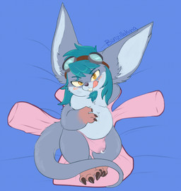 amber_eyes anthro bedroom_eyes belly big_ears blue_hair blush bodily_fluids buckteeth claws clothing eyewear eyewear_on_head fur genital_fluids goggles goggles_on_head grey_body grey_fur hair hoodie licking_mouth lying male narrowed_eyes on_back precum precum_through_clothing seductive solo stubble tail teeth tenting tongue tongue_out topwear wet wet_clothing bunzillaking wildstar chua hi_res