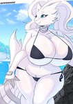 anthro big_breasts bikini blue_eyes breasts clothing female fur huge_breasts outside pubes side-tie_bikini side-tie_clothing side-tie_swimwear solo string_bikini swimwear thick_thighs two-piece_swimsuit water white_body white_fur saasmimz nintendo pokemon generation_5_pokemon legendary_pokemon pokemon_(species) reshiram 2022 absurd_res digital_media_(artwork) hi_res