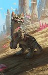 ambiguous_gender biped blue_sky copyright_symbol crystal fangs feral fur inner_ear_fluff pink_stripes sky solo spikes spikes_(anatomy) striped_body striped_fur stripes symbol teeth tuft yellow_eyes brian_valeza hasbro magic:_the_gathering wizards_of_the_coast dinosaur domestic_cat felid feline felis hybrid mammal prehistoric_species reptile scalie 2019 digital_media_(artwork) hi_res official_art signature
