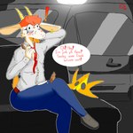 anthro biped bodily_fluids car cum cum_on_face curvy_figure femboy genital_fluids male male_anthro office_clothing plantigrade solo text thick_thighs vehicle isi marcusthegoat bovid caprine goat mammal 1:1 english_text hi_res