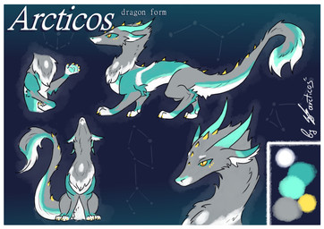 all_fours blue_body border claws feral fur grey_body horn male neck_tuft pawpads paws raised_head scales sitting solo tuft white_body white_border yellow_eyes arcticos mythology arcticos_(character) dragon eastern_dragon furred_dragon furred_scalie mythological_creature mythological_scalie scalie absurd_res hi_res model_sheet