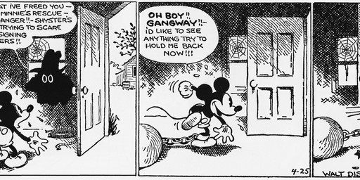 4_fingers anthro ball_and_chain bottomwear chain clothed clothing dialogue duo fingers footwear gloves handwear hat headgear headwear inside melee_weapon onomatopoeia open_mouth pants rope shoes silhouette sound_effects sword text tripping weapon walt_disney_(artist) win_smith disney public_domain mickey_mouse uncle_mortimer mammal mouse murid murine rodent 1930 20th_century absurd_res ancient_art black_and_white english_text hi_res monochrome signature