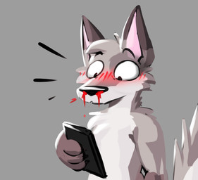 4_fingers anthro black_eyebrows black_nose blood blush blush_lines bodily_fluids brown_body brown_fur cellphone cheek_tuft chest_tuft claws countershading dipstick_ears ear_markings electronics eyebrows facial_tuft finger_claws fingers fur grey_background grey_body grey_fur head_tuft holding_cellphone holding_object holding_phone looking_at_cellphone looking_at_object looking_at_phone male markings multicolored_ears nosebleed phone pink_inner_ear raised_eyebrows simple_background solo standing tail tuft wide_eyed zenonclaw zenonclaw_(character) canid canine canis fox hybrid mammal wolf 2022 hi_res reaction_image