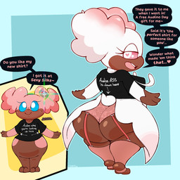 ambiguous_gender anthro big_butt butt clothing fishnet_clothing fishnet_legwear footwear garter_belt garter_straps heart_eyes heart_symbol huge_butt lace lace_panties legwear lingerie looking_at_viewer looking_back shirt smile socks solo stirrup_socks text topwear wide_hips softestpuffss nintendo pokemon fan_character puff_(softestpuffss) audino generation_5_pokemon generation_6_pokemon mega_audino mega_evolution pokemon_(species) 1:1 english_text hi_res male_(lore)