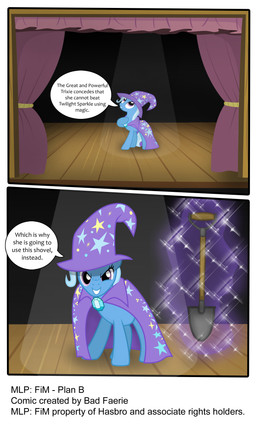 blue_hair cape clothing curtains dialogue female glowing hair hat headgear headwear horn levitation looking_at_viewer magic multicolored_hair purple_eyes shovel solo sparkles spotlight stage text tools two_tone_hair white_hair wizard_hat perfectblue97 friendship_is_magic hasbro my_little_pony mythology trixie_(mlp) equid equine mammal mythological_creature mythological_equine unicorn 2014 absurd_res comic english_text hi_res