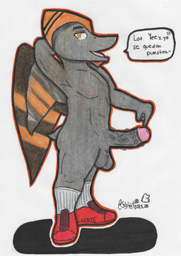 anthro areola balls big_penis biped brown_body brown_hair brown_scales clothing dialogue erection fingers footwear footwear_only genitals glans hair humanoid_genitalia humanoid_hands humanoid_penis looking_at_viewer male markings mostly_nude mostly_nude_anthro mostly_nude_male nipples non-mammal_balls non-mammal_nipples open_mouth orange_body orange_eyes orange_scales penis pink_nipples plantigrade scales scar shadow shoes shoes_only short_hair short_tail side_view simple_background smug solo speech_bubble striped_markings stripes tail talking_to_viewer text vein veiny_penis white_background wings salyut_(artist) goodbye_volcano_high yeezy naser_(gvh) prehistoric_species pterodactylus pterosaur reptile scalie 2025 absurd_res artist_name hi_res shaded spanish_text traditional_media_(artwork)