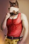 animal_print anthro belt biped black_nose bottomwear brown_eyes cheetah_print chest_tuft clothed clothing collar fur looking_at_viewer male pants pecs shirt solo standing tank_top topwear tuft white_body white_fur 7theaven undertale undertale_(series) doggo_(undertale) canid canine canis domestic_dog mammal 2015 2:3