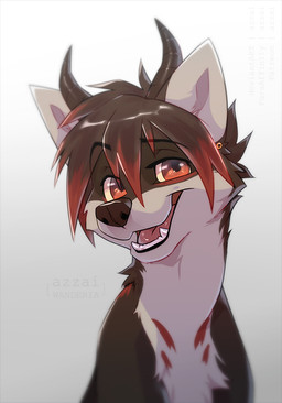 bangs black_body black_eyebrows black_fur black_hair black_horn black_nose ear_piercing eyebrows eyelashes fangs feral fur grey_background grey_body grey_fur grey_inner_ear hair horn male markings multicolored_hair nude open_mouth open_smile piercing pink_tongue red_eyes red_hair red_markings short_hair simple_background smile snout solo teeth tongue two_tone_hair azzai canid canine canis domestic_dog mammal 2021 colored digital_drawing_(artwork) digital_media_(artwork) shaded