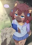 anthro biped blush bottomwear brown_body brown_fur brown_tail clothed clothing detailed_background electronics female fingers fur hair holding_object holding_phone kemono money mouth_closed phone skirt standing tail thought_bubble young dagasi buchi_(dagasi) hyena mammal hi_res herm_(lore)