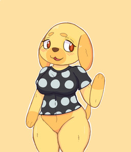 anthro bottomless clothed clothing female gesture looking_away solo waving waving_at_viewer sa.aaron animal_crossing nintendo goldie_(animal_crossing) canid canine canis domestic_dog mammal hi_res